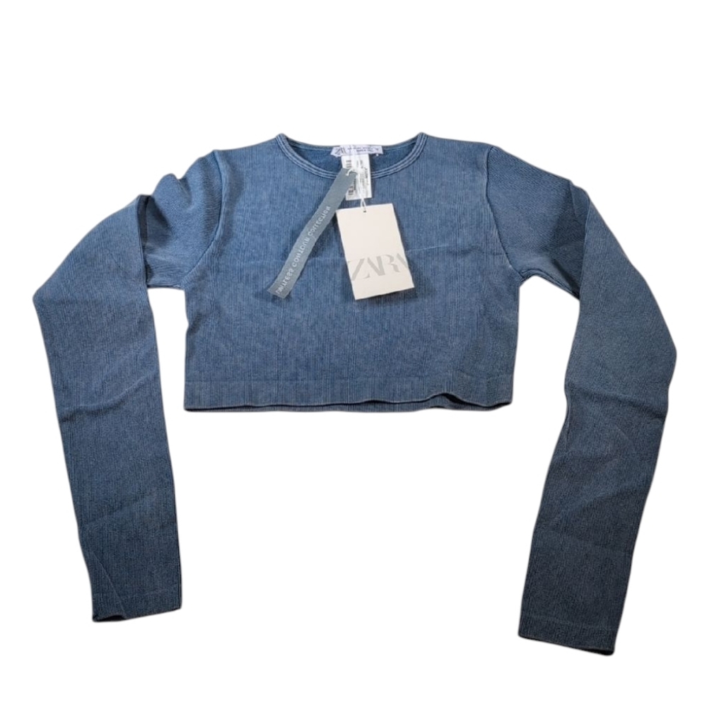 Zara Blue Ribbed Long Sleeve Cropped Top Limitless Contour Collection Size M/L